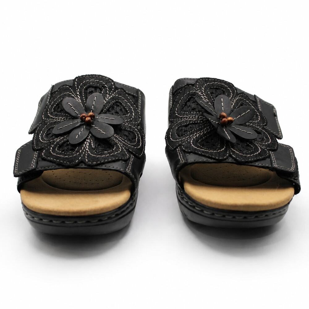 Clarks Merliah2 Kyla Women's 9W Wide Black Floral Wedge Sandals New